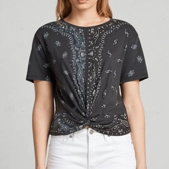3/$30 EUC All Saints XS Carme 100% Cotton Tee in Navy Blue Bandana Print - Picture 1 of 10